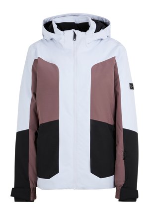 Jachetă de schi albă și maro cu glugă, având un design cu blocuri de culoare, accente negre, manșete elastice și închidere cu fermoar frontal.