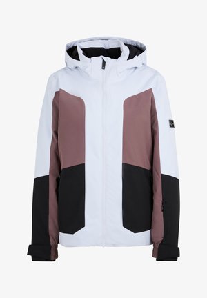 Giacca da sci bianca e marrone con cappuccio, caratterizzata da un design a blocchi di colore, dettagli neri, polsini elasticizzati e chiusura con zip frontale.