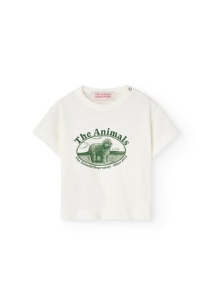 Off-White T-Shirt mit kurzen Ärmeln und einem grünen Grafikdruck eines Gorillas sowie dem Text "The Animals Observatory - Seit 2015" darum herum. Aus Baumwollmaterial.