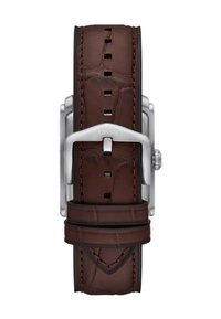 Brown leather watch strap with a textured surface, red stitching, and silver metal buckle, featuring multiple adjustment holes.