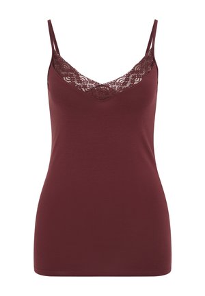 Ženska bordo majica s tankimi naramnicami in čipkasto obrobo vzdolž V-izreza, gladek material, oprijet kroj.