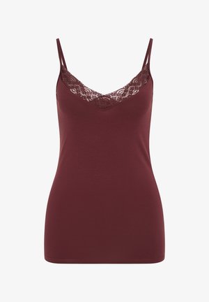 Ženska bordo majica s tankimi naramnicami in čipkasto obrobo vzdolž V-izreza, gladek material, oprijet kroj.