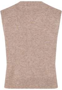 Bež pleteni prsluk bez rukava s rebrastim rubom i izrezom oko vrata, s glatkom teksturom i suptilnom varijacijom u boji.