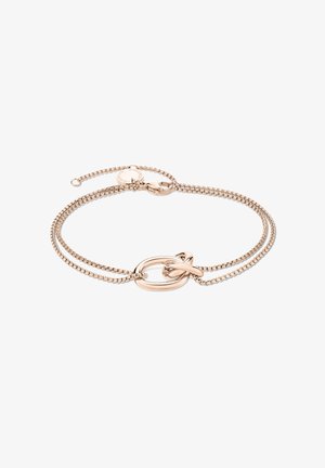 Armband aus Roségold mit feinen Gliederketten, einem verflochtenen Schlingendesign und einem Karabinerverschluss mit einer verstellbaren Kette.