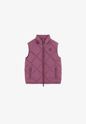 Gequilted vest in een gedempte roze tint, met een hoge kraag, een rits aan de voorkant en twee zijzakken met ritsen. Het materiaal heeft een gladde textuur.