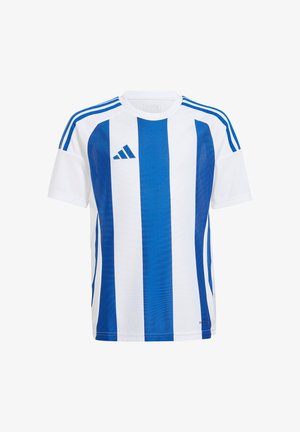 Maglietta sportiva bianca con strisce verticali blu e spalle in blu. Realizzata in tessuto leggero con elementi in rete per la traspirazione.