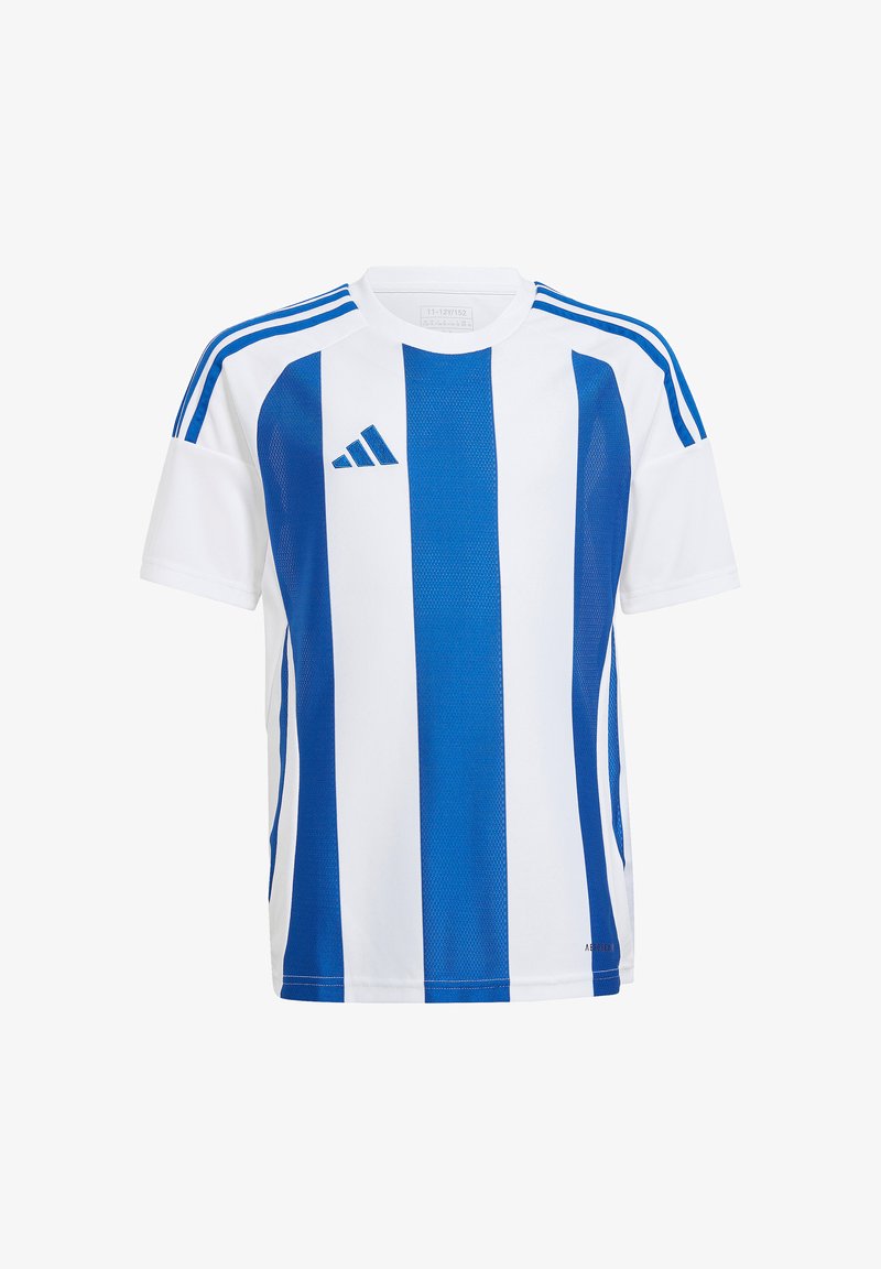 Witte sporttrui met verticale blauwe strepen en blauwe schouderaccenten. Gemaakt van lichtgewicht stof met mesh-elementen voor ademend vermogen.