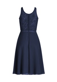 Granatowa sukienka z koronkowym gorsem i dopasowaną talią, lejącą spódnicą i zapięciem na suwak z tyłu. Posiada dekoracyjną koronkową lamówkę w talii.