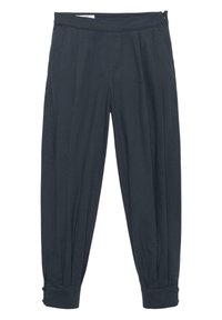 Pantaloni conici plisati gri închis, cu buzunare laterale, tivuri întoarse și detalii cu nasturi la tivurile gleznelor.