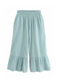 Pantalon large court bleu clair avec taille élastique et détail volanté à l'ourlet.