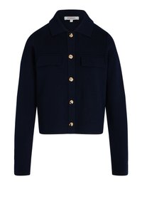 Marineblauwe cardigan met een kraag, gouden knoopsluitingen en twee voorzakken. Gemaakt van een gestructureerde brei-stof.