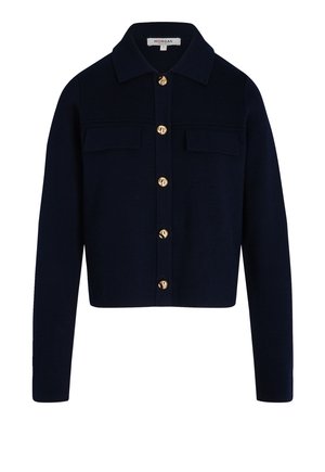 Navy blue cardigan with a collared neckline, gold button closures, and two front pockets. Made from a textured knit fabric.