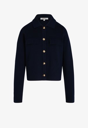 Navy blue cardigan with a collared neckline, gold button closures, and two front pockets. Made from a textured knit fabric.