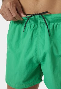 Zelené plavecké šortky s elastickým pasem, černou šňůrkou a hladkou, lehkou texturou s viditelným prošitím.