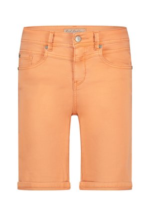 Peach-farvede denimshorts med op-rullet kant, to frontlommer, en mærket talje og metalhardware detaljer.