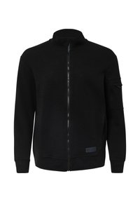 Zwarte zip-up sweatshirt met een hoge kraag, lange mouwen en een zijzak. Kenmerkt zich door een gladde textuur en minimalistische design details.