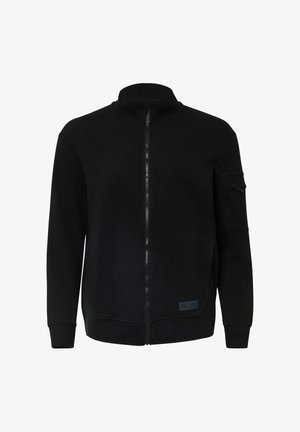 Czarna bluzka zapinana na zamek z wysokim kołnierzem, długimi rękawami i boczną kieszenią. Charakteryzuje się gładką teksturą i minimalistycznym designem.