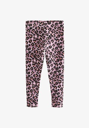 Leggings púrpuras con un estampado de leopardo negro y rosa en todo su alrededor. Fabricado con un material suave y elástico, con una cintura elástica.