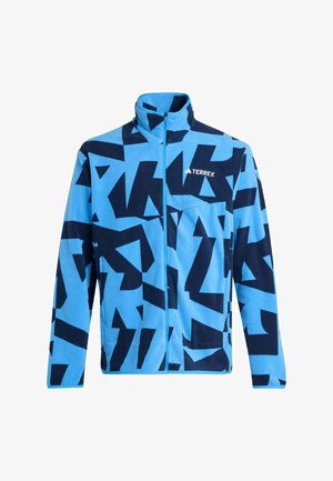Blauwe fleecjas met grote marineblauwe geometrische patronen, vol zip ontwerp, hoge kraag en "TERREX" logo op de borst.