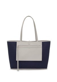 Gray and navy tote bag with dual materials, featuring a front zipper pocket and long handles. Smooth texture with contrast stitching.