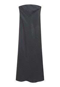 Schwarzes, trägerloses Maxikleid aus glattem, leicht strukturiertem Stoff. Verfügt über einen geraden Ausschnitt und ein fließendes, bodenlanges Design.