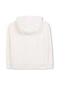 Felpa bianca con cappuccio, dal texture morbido, caratterizzata da orli e polsini a coste, design minimalista e una singola cucitura lungo il cappuccio.