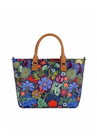 Sac floral en tissu bleu marine, orné de fleurs et de feuilles brodées colorées. Poignées et accents en cuir marron. Forme rectangulaire.
