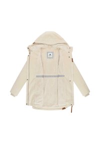 Giacca beige con cappuccio caratterizzata da un esterno testurizzato, una morbida fodera interna e chiusure a scatto/bottone. Include tasche interne e etichetta del logo.