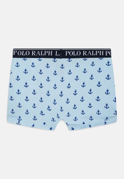 Modré bavlnené boxery s vzorom kotvy, s čiernym pásom v páse, na ktorom je opakovaný nápis "POLO RALPH LAUREN" v bielej farbe.