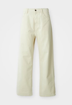 Light yellow, wide-leg trousers made of denim, featuring a front button closure, five pockets, and straight, unembellished design.