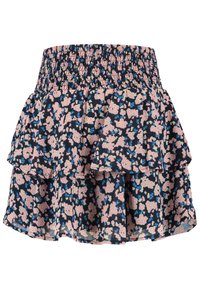 Floral-patterned tiered skirt with a smocked waistband; features pink and blue flowers on a dark navy background. Lightweight fabric.