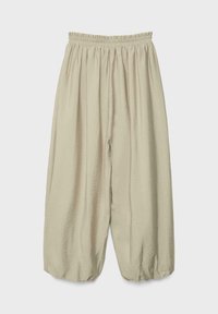 Pantalon beige ample avec taille élastique et ourlets froncés, fabriqué en tissu léger légèrement texturé.