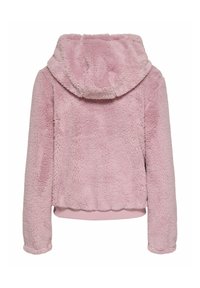 Roze nepbonten hoodie met een zachte textuur, lange mouwen en een capuchon met trekkoord. Kort model met geribbelde zoom en manchetten.