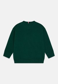 Mørkegrønn genser med lange ermer, ribbestrikkede mansjetter og kant. Har en liten rød og hvit merkelapp bak på nakken. Mykt materiale, enkelt design.