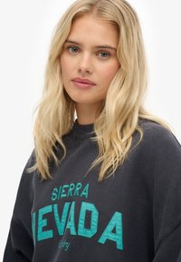 Sudadera de gran tamaño en gris oscuro con bordado en color teal que dice "SIERRA NEVADA". Tejido suave con cuello redondo acanalado y corte relajado.