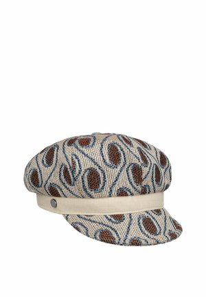 Beige woven flat cap with abstract brown and blue circular patterns, featuring a beige band and metal button detail on the side.