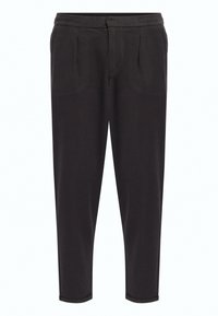 Zwarte broek van zacht materiaal, met een tapse ontwerp, elastische tailleband en twee voorplooien voor extra detail.