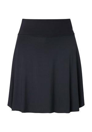 Černá sportovní sukně s hladkou texturou, širokým pasem a rozšířeným střihem sahajícím do poloviny stehenní části. Bez viditelných vzorů nebo zdobení.
