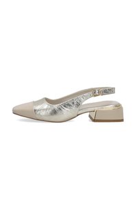 Beige and metallic slingback high heels feature a pointed toe and a block heel with a shiny finish. Adjustable strap at the heel.
