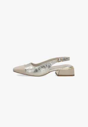 Beige and metallic slingback high heels feature a pointed toe and a block heel with a shiny finish. Adjustable strap at the heel.