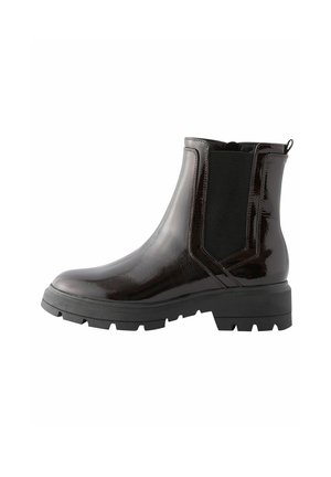 Bottines Chelsea brillantes, marron foncé, avec des panneaux latéraux élastiques et une semelle noire robuste. Dispose d'une languette à l'arrière pour un enfilage facile.