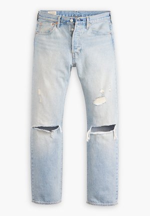 Svetle modré džínové kalhoty s rovný fit, které mají opotřebené oblasti a výrazné trhliny na kolenou. Klasický pětikapsový design.
