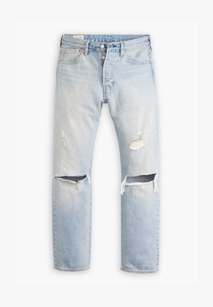 Lichtblauwe denim jeans met een rechte pasvorm, voorzien van versleten elementen en opvallende scheuren op de knieën. Klassiek vijf-pocket ontwerp.