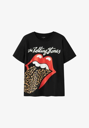Schwarzes T-Shirt mit dem Text "The Rolling Stones" und einem grafischen Motiv von roten Lippen mit einer Zunge im Leopardenmuster.