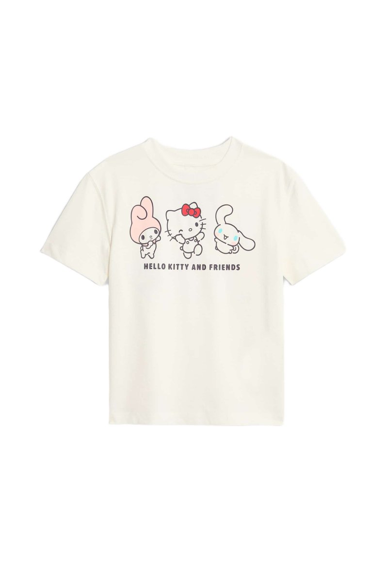 Bílý bavlněný tričko s potiskem karikaturních postaviček: růžová postava, Hello Kitty s červenou mašlí a modro-ušatý králíček. Text pod ním zní "HELLO KITTY A PŘÁTELÉ."