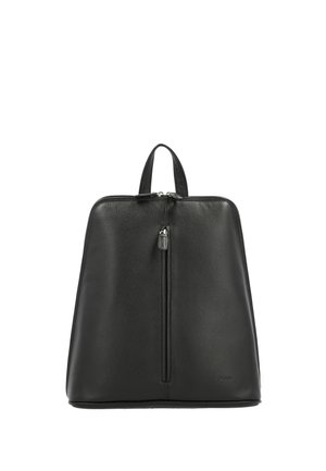 Schwarzer Leder-Rucksack mit einem oberen Griff, einer vorderen vertikalen Reißverschlusstasche und abgerundeter rechteckiger Form vor weißem Hintergrund.