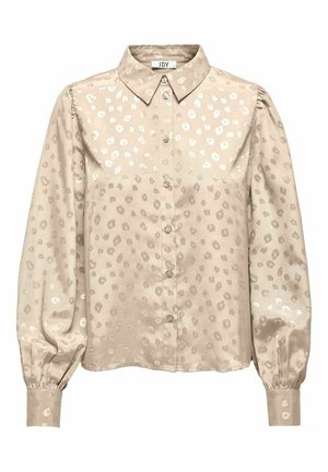 Blouse beige à manches longues avec imprimé léopard subtil, fermeture boutonnée devant, col pointu et poignets froncés.