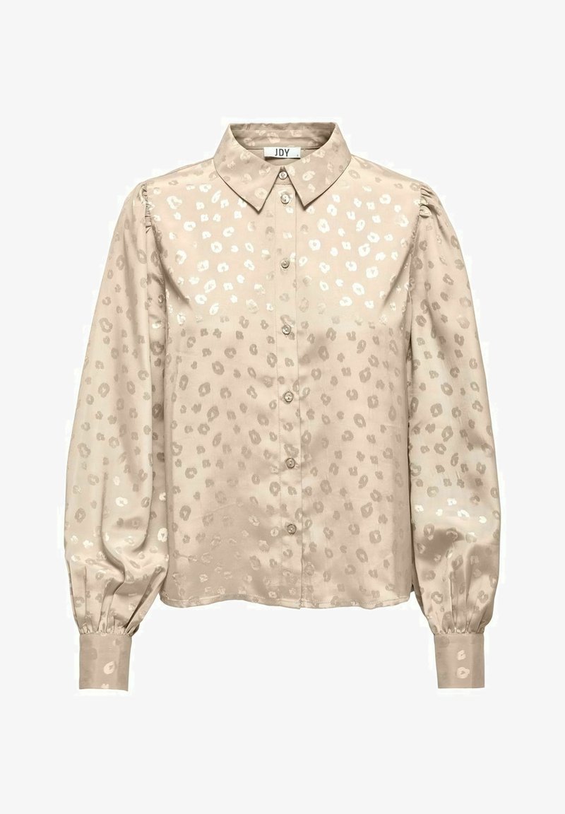 Blouse beige à manches longues avec imprimé léopard subtil, fermeture boutonnée devant, col pointu et poignets froncés.