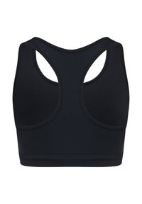 Svart sportbh med racerback-design, tillverkad av ett mjukt, stretchigt material. Har utskurna detaljer och sömlös sömnad.