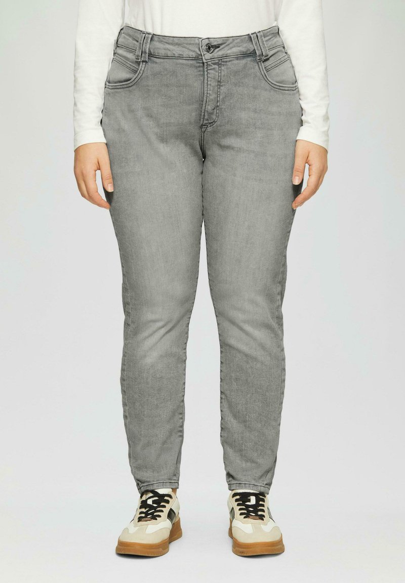 Graue Jeans aus Denim im Slim-Fit, mit Knopf- und Reißverschluss, vorderen Taschen und einer glatten Textur.